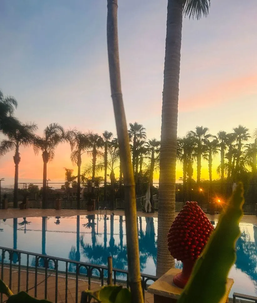 Tramonto sulla piscina con pigna siciliana in ceramica